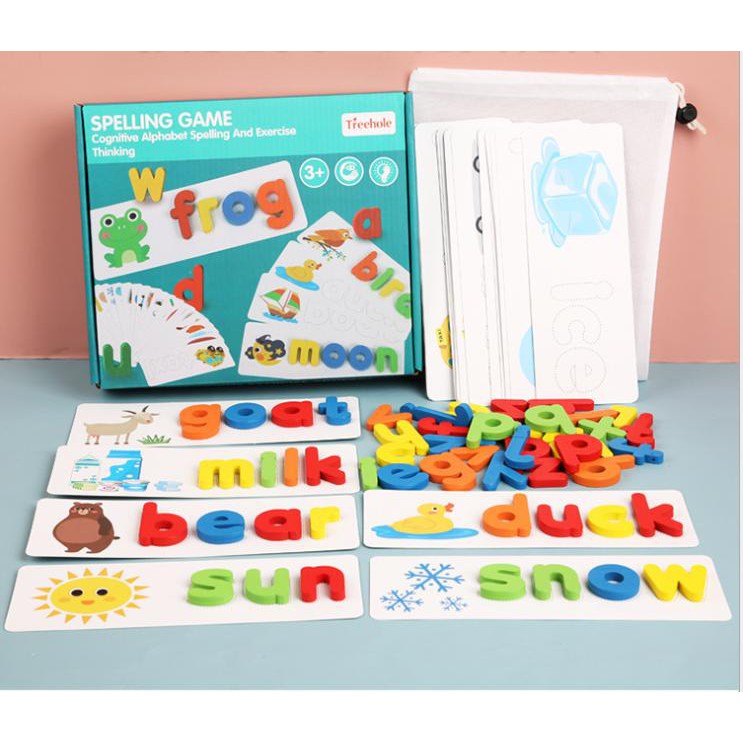 Đồ chơi giáo dục ghép hình bộ chữ gỗ Spelling Game Superbee học đánh vần tiếng anh kèm 28 thẻ từ vựng KT 25×21cm