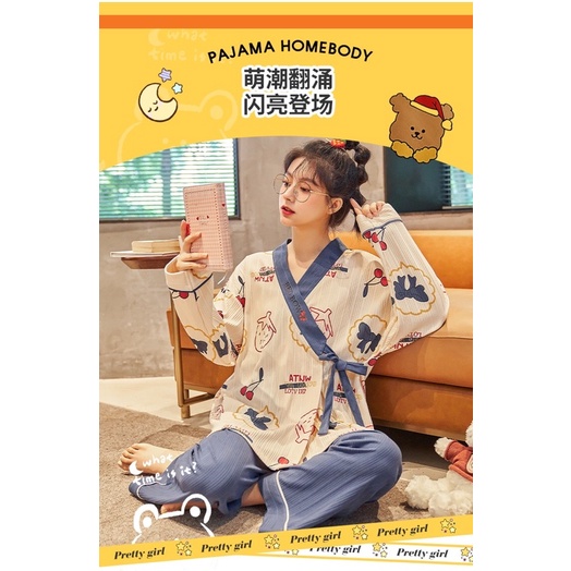 Đồ bộ đồ ngủ pyjama dài tay 100% cotton phong cách Hàn Quốc nhí nhảnh xinh xắn dễ thương chất vải siêu mềm mịn | BigBuy360 - bigbuy360.vn