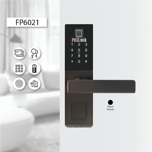 Khóa điện tử PHG FP6021 chức năng vân tay, mã số, thẻ từ, chìa cơ