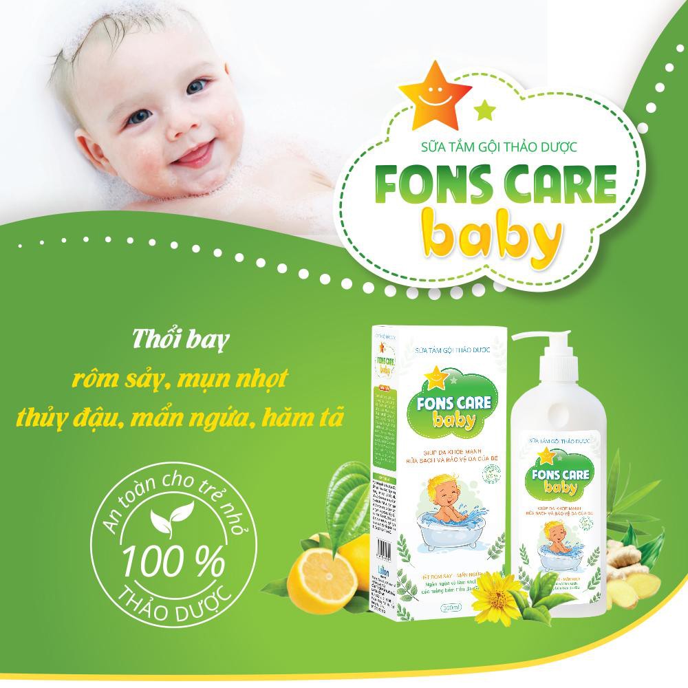 Sữa tắm cho bé Fons Care Baby Thảo dược thiên nhiên tắm gội cho bé sơ sinh, sạch hết mẩn ngứa rôm sảy hăm tã (300ml)