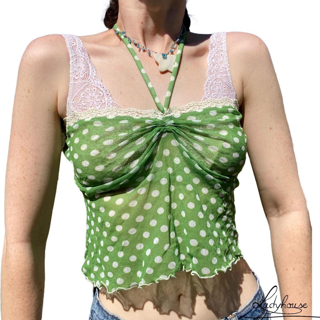 Áo croptop cổ thuyền buộc dây họa tiết chấm bi ôm dáng dành cho nữ