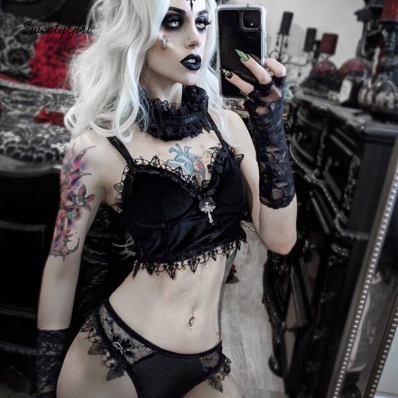 Áo hai dây cổ chữ V viền ren màu sắc ngọt ngào phong cách gothic cho nữ