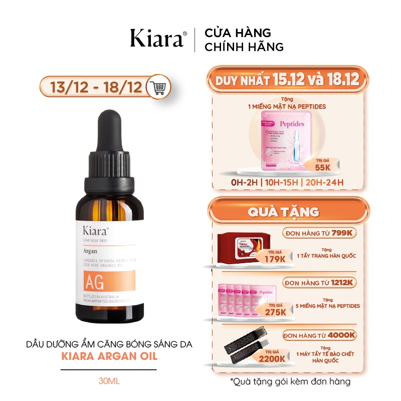 Dầu dưỡng ẩm căng bóng sáng da Kiara Argan Oil 30ml