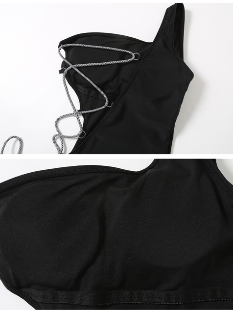 [BKN648] &lt;HÀN&gt; BODYSUIT ĐEN LỆCH VAI ĐAN DÂY LƯỜN KIỂU HÀN
