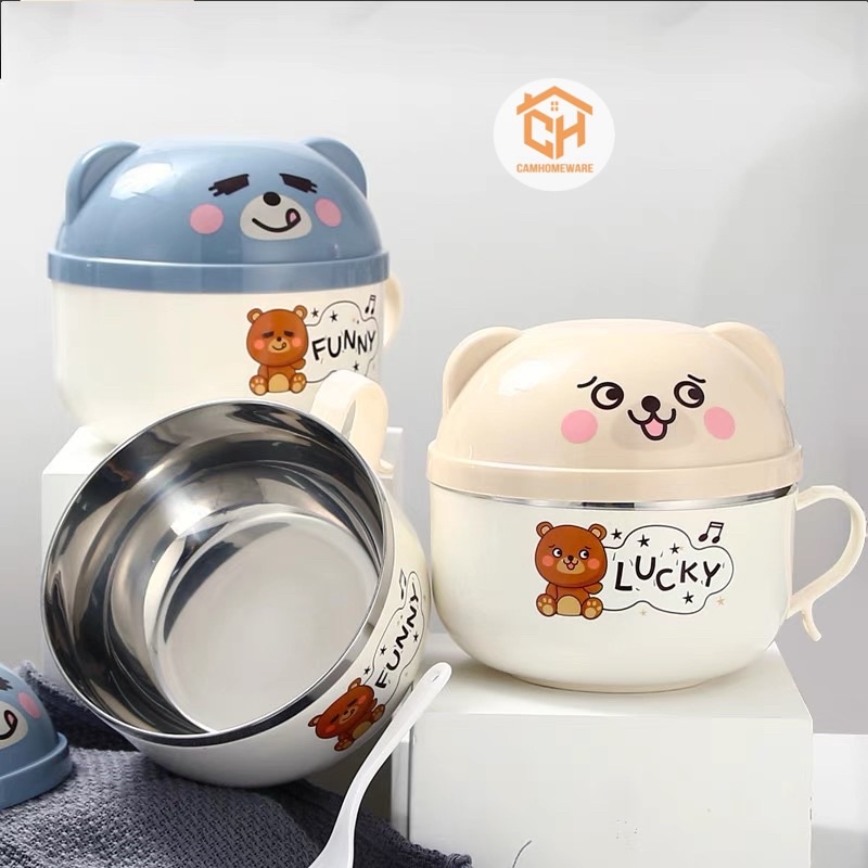 Bát Giữ Nhiệt Chống Nóng Hình Chú Gấu Có Nắp Đậy Kèm Thìa
