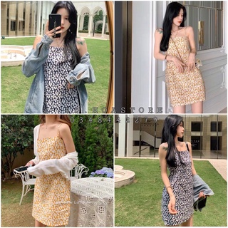 VÁY HAI DÂY HOA NHÍ VÀNG XANH VINTAGE - ĐẦM 2 DÂY HOA XANH ĐEN DÁNG NGẮN ULZZANG