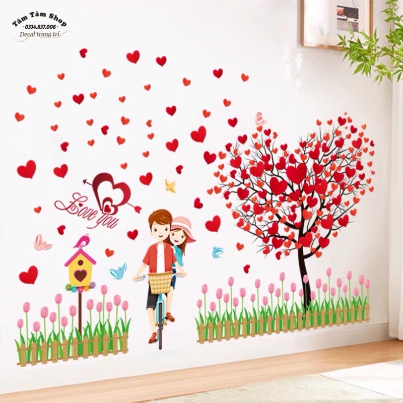 Tranh dán tường ,Decal dán tường xe đạp tình yêu.