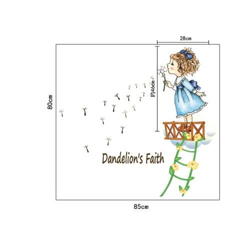 Decal trang trí tường - Bé Gái leo dây thang thổi Bồ Công Anh sắc màu