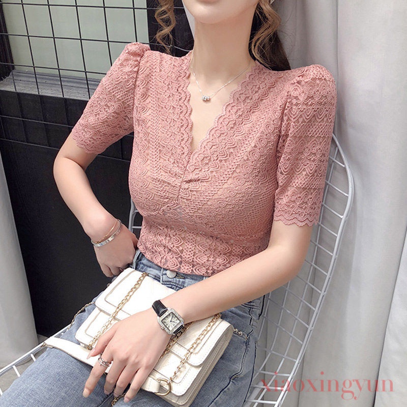 Áo ren tay ngắn cổ V màu trơn hợp thời trang cho nữ