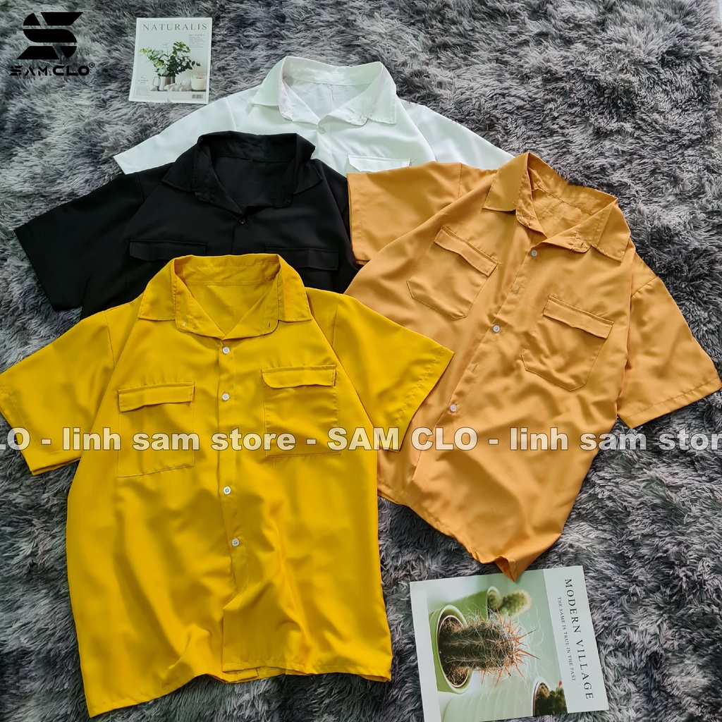 Áo sơ mi nữ SAM CLO cổ bẻ tay ngắn - lỡ ulzzang form freesize dáng rộng unisex mặc cặp, nhóm, couple TRƠN HAI TÚI