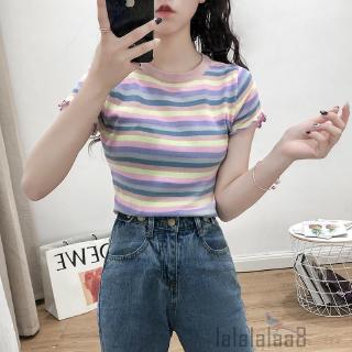 Áo Thun Nữ Tay Ngắn Cổ Tròn Họa Tiết Sọc Ngang Thời Trang Cá Tính