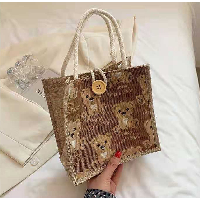 Túi cói túi tote mini hình gấu thời trang đi biển của Nhật Bản dễ thương phong cách Vintage LABOMA TC005