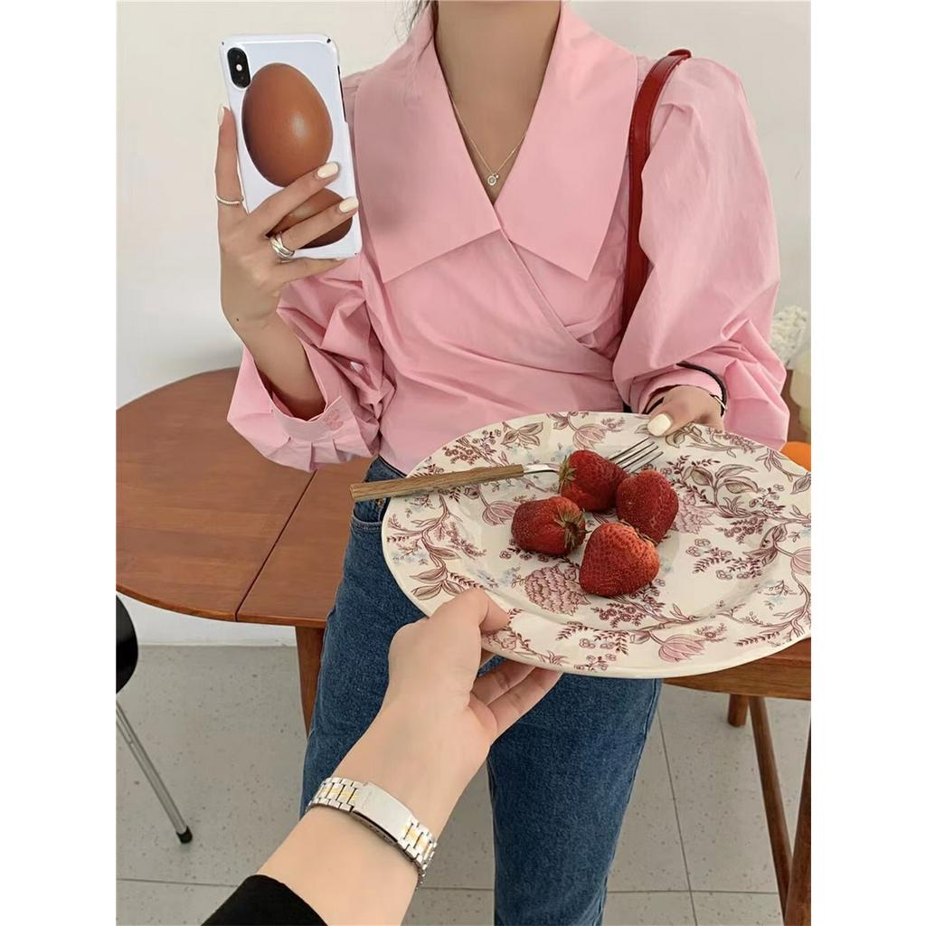 62224 Áo Sơ Mi Ngắn Thắt Nơ Chéo Màu Trơn Cỡ Lớn Kiểu Pháp