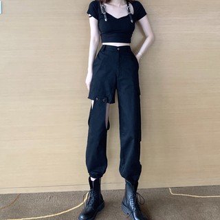 Set bộ đen áo croptop quần suông rách đùi cá tính (có hình thật)