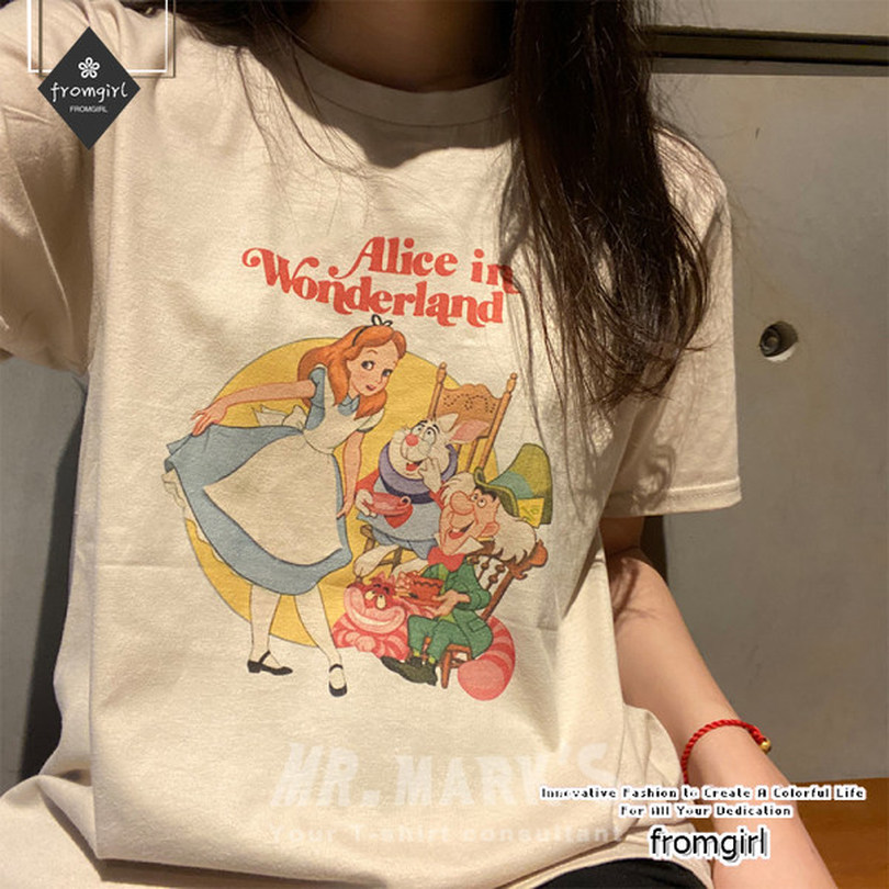 Áo Thun Ngắn Tay Dáng Rộng In Họa Tiết Hoạt Hình Xinh Xắn Dành Cho Nữ