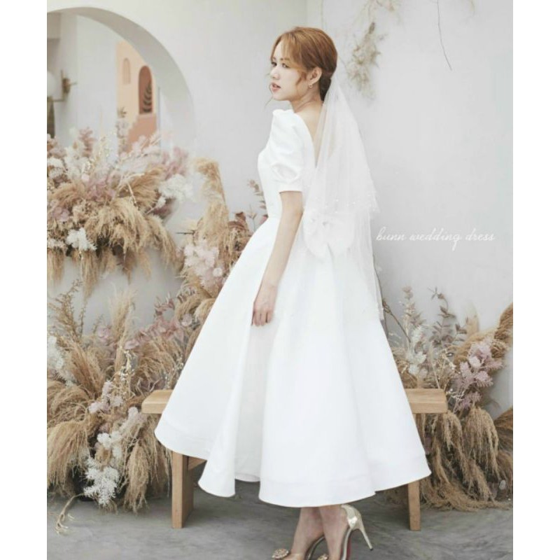 váy trắng cô dâu, váy cưới công chúa dự tiệc cổ vuông khoét lưng thắt nơ sẵn size S, M kèm ảnh thật MS022 | BigBuy360 - bigbuy360.vn