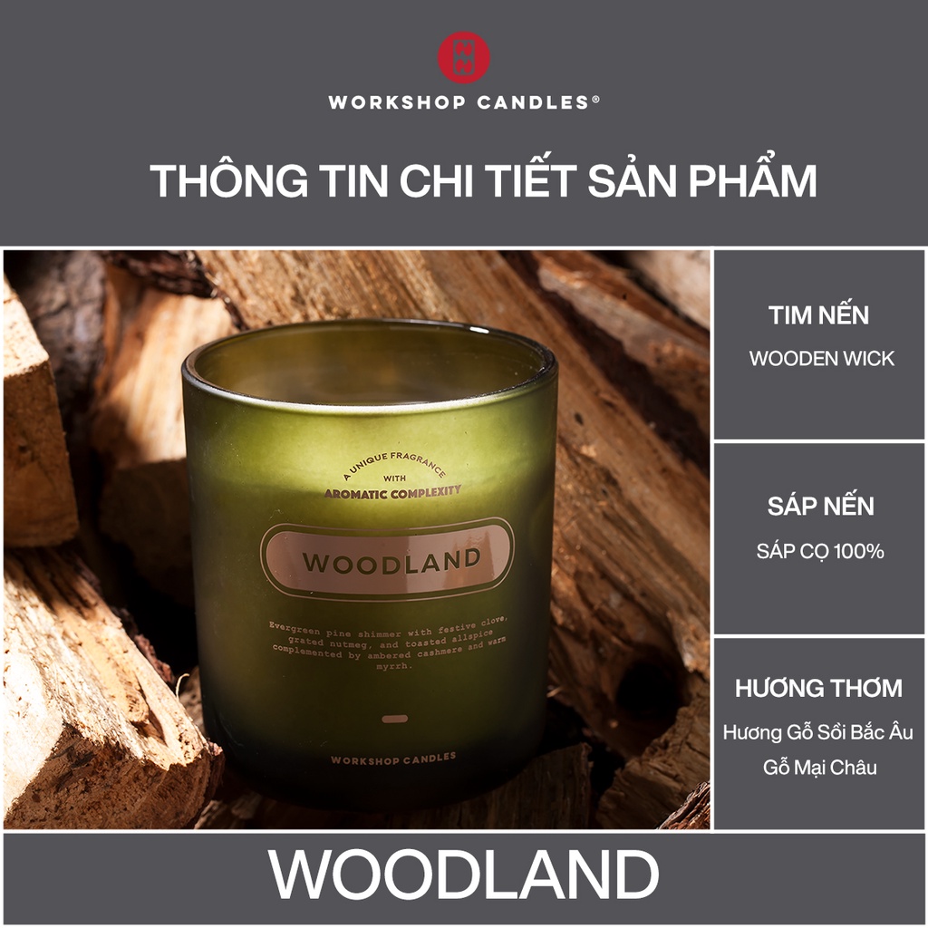 Nến thơm Woodland Workshop Candles H&amp;H Home 8.8oz hương gỗ ấm áp