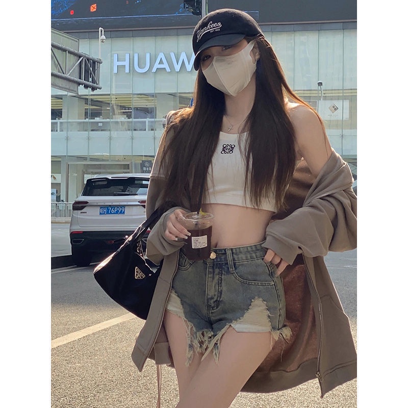 Quần ngắn denim rách lưng cao thời trang Hàn Quốc quyến rũ