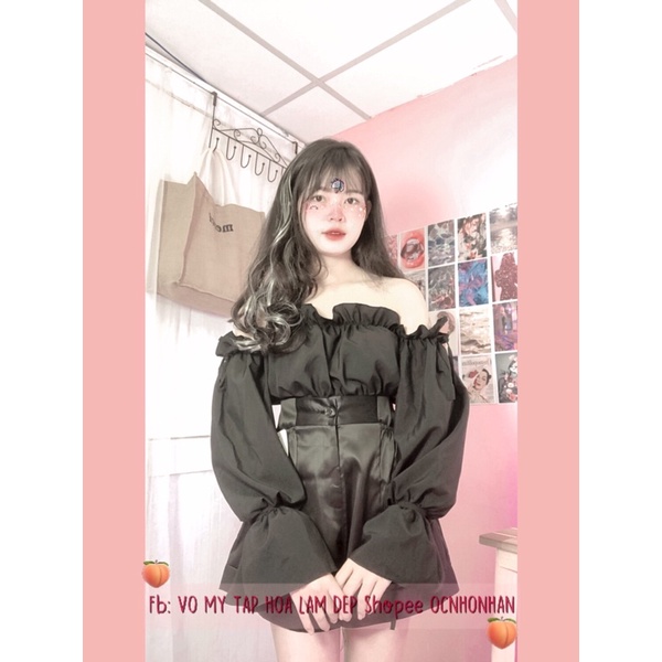 Set áo bẹt vai tay cột nơ + quần short