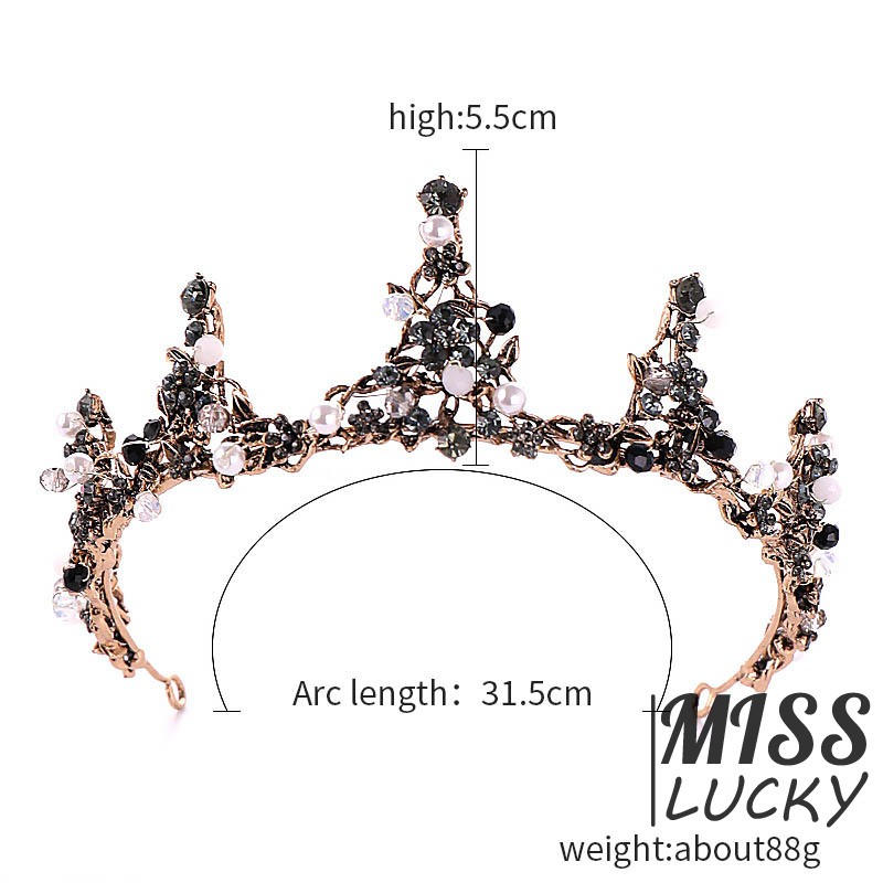 Vương miện công chúa đính pha lê đen kiểu Baroque cho nữ