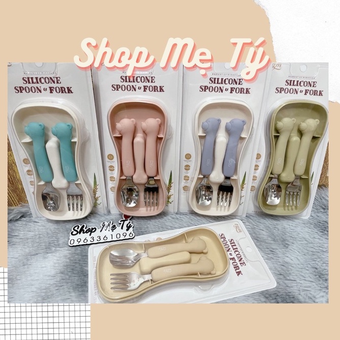 Set muỗng / thìa nĩa TGM hình gấu Hàn Quốc tay cầm dài Silicone SPOON & FORK cho bé từ 2 tuổi