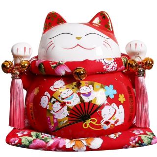 Mèo Thần Tài sứ màu Đỏ may mắn chiêu tài lộc cao 23cm