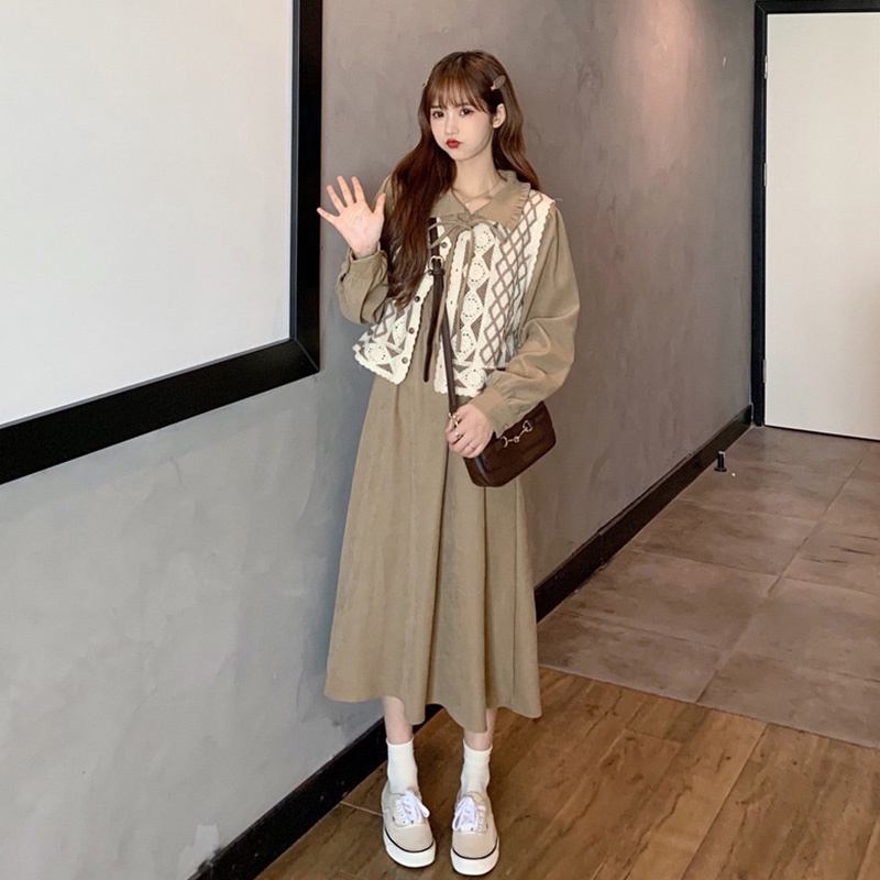 Set Đồ Đôi Thu Đông Big Size Chị Chị Em Em, Áo Gile Len Mix Đầm Nhung Bo Eo Co Giãn
