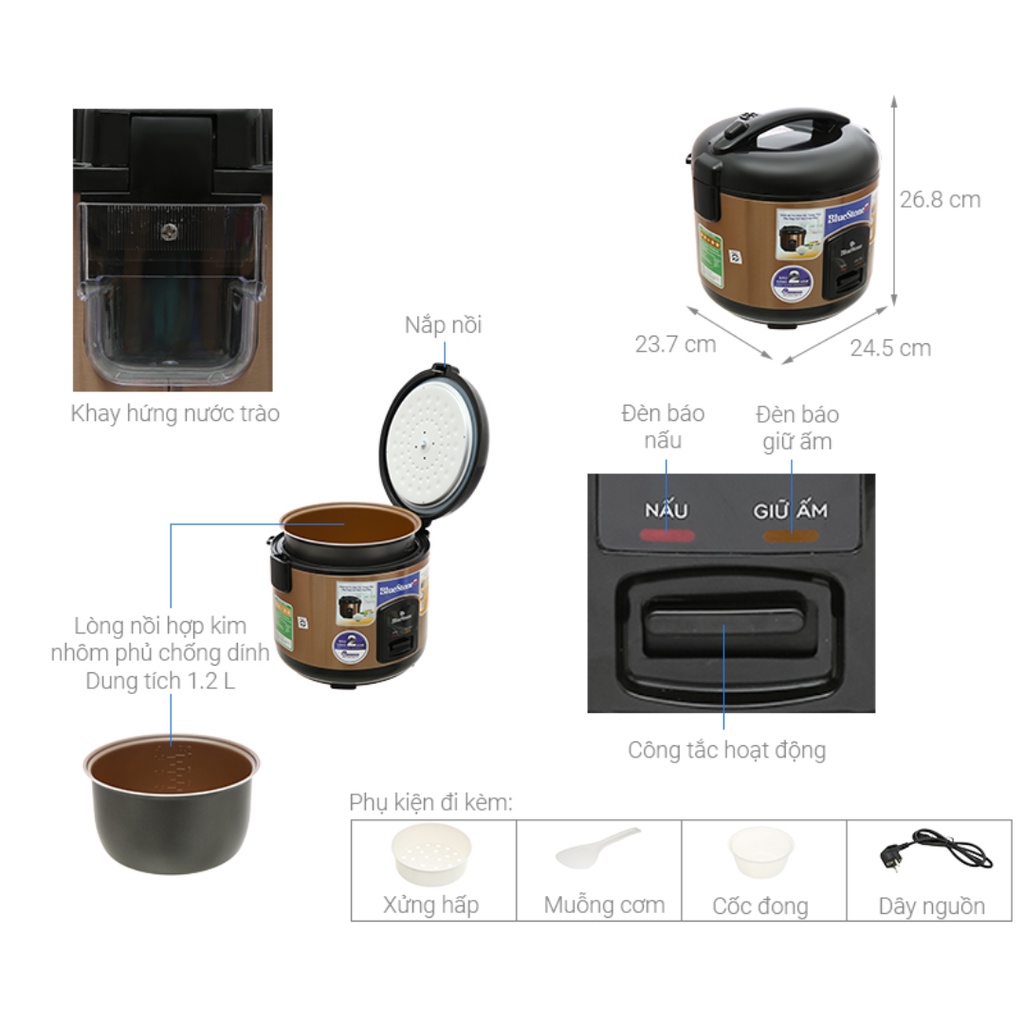 Nồi cơm điện Bluestone RCB-5512 1.2L 500W nồi cơm điện nắp gài - Bảo Hành 24 Tháng Toàn Quốc