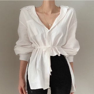 Áo Sơ Mi Trắng Nữ Form Rộng Kiểu Khoét Eo Dây Buộc Eo Tôn Dáng