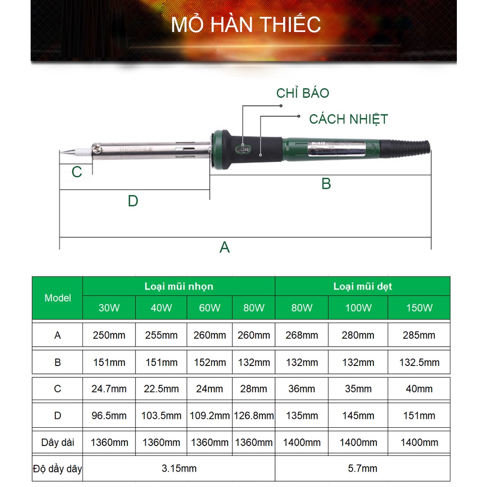 Mỏ Hàn Thiếc TUOSEN, Tay Hàn Nhiệt TUOSEN 30W, 40W, 60W, 80W, 100W, 150W (Mũi nhọn và Mũi dẹt)