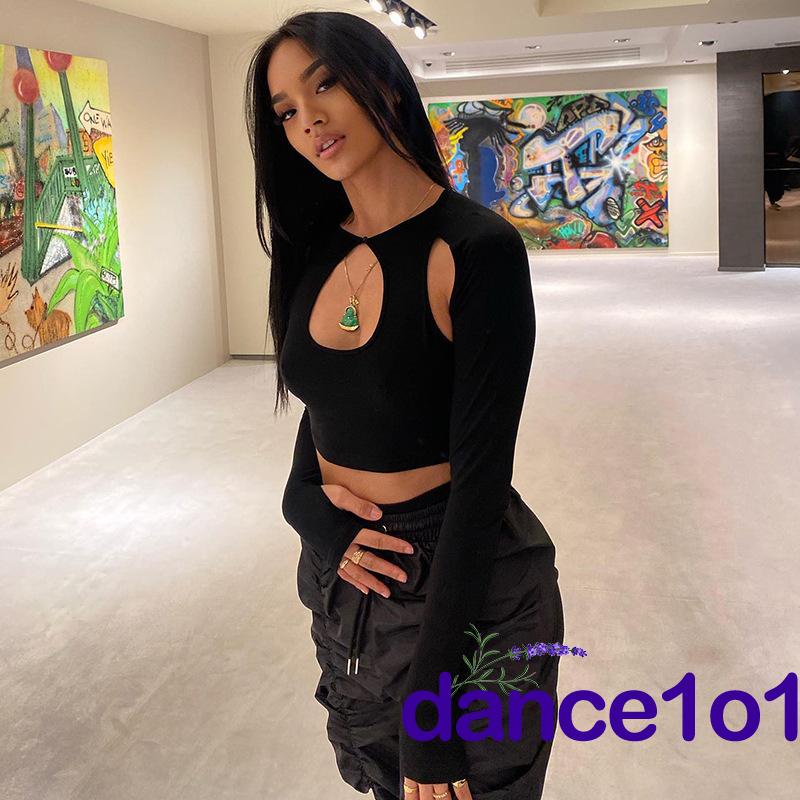 ✦Ef❃Áo Croptop Tay Dài Cổ Tròn Màu Sắc Trơn Thời Trang Mùa Hè Dành Cho Nữ