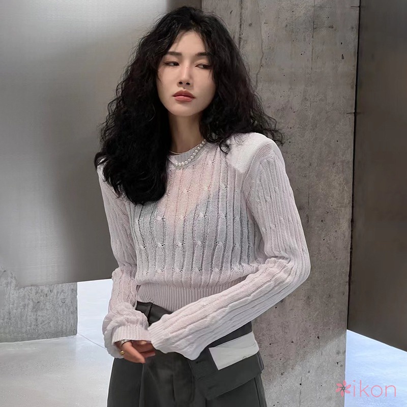 Áo Dệt Kim Tay Dài Cổ Tròn Phong Cách Hàn Quốc
