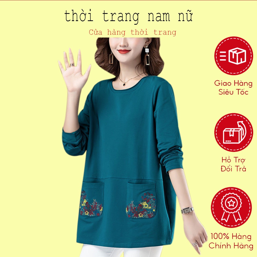 Áo Thun Trung Niên Nữ Dài Tay trẻ trung sang trọng, Áo Phông Nữ chất liệu vải mềm mịn thoáng mát - Thêu Hoa