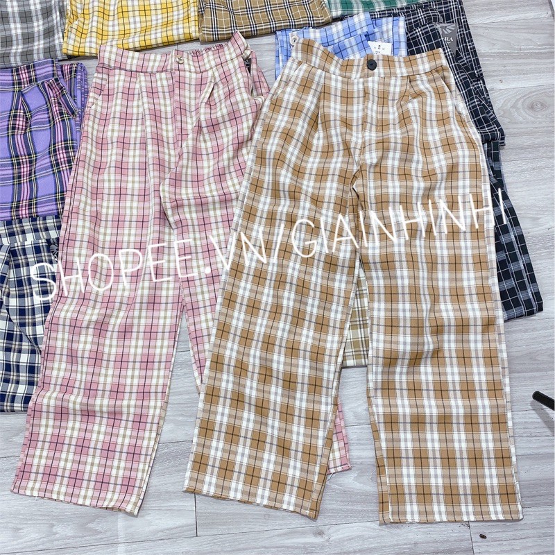 Xả hàng - Quần suông kẻ có chun sau, Quần ống rộng kẻ sọc cạp cao dáng dài - NhiNhiShop
