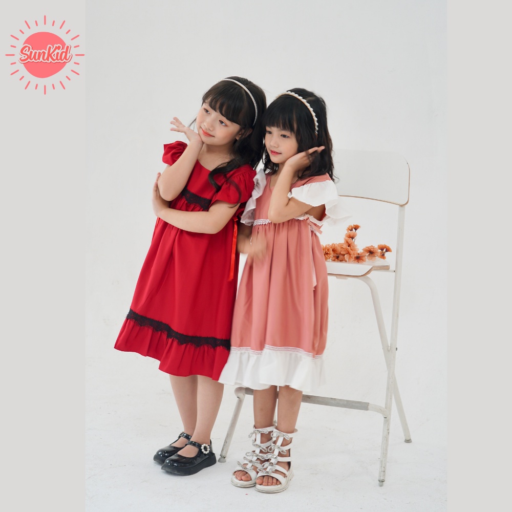 Váy đầm đỏ/ hồng dáng suông bèo tay vải trượt chéo cao cấp mùa hè Sunkid SN10 cho bé gái 4-12 tuổi – SunKid >>> top1shop >>> shopee.vn