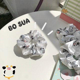 Dây buộc tóc, cột tóc scrunchies họa tiết bò sữa/ hoa quả/ màu trơn