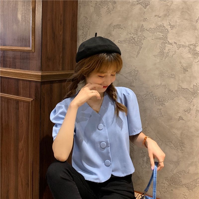 Áo Sơ Mi Chiffon Tay Ngắn Phồng Cổ Chữ V Phong Cách Hàn Quốc Mẫu Mới Mùa Hè 2022 Dành Cho Nữ