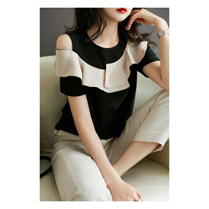 Áo sơ mi voan tay ngắn trễ vai phối bèo màu đen phong cách Pháp thời trang cho nữ