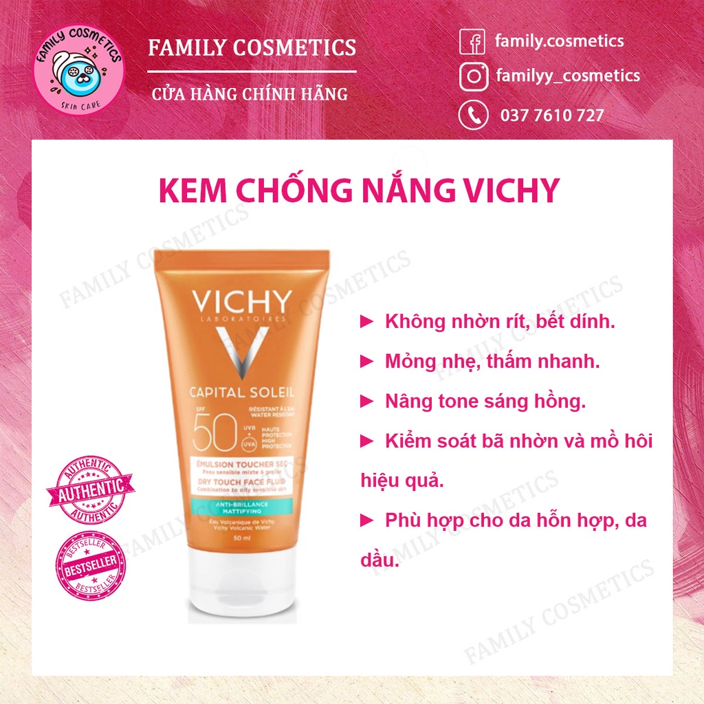 Kem Chống Nắng Vichy SPF 50 Ideal Soleil 50ml cho da dầu, mụn, nhạy cảm - Family Cosmetics