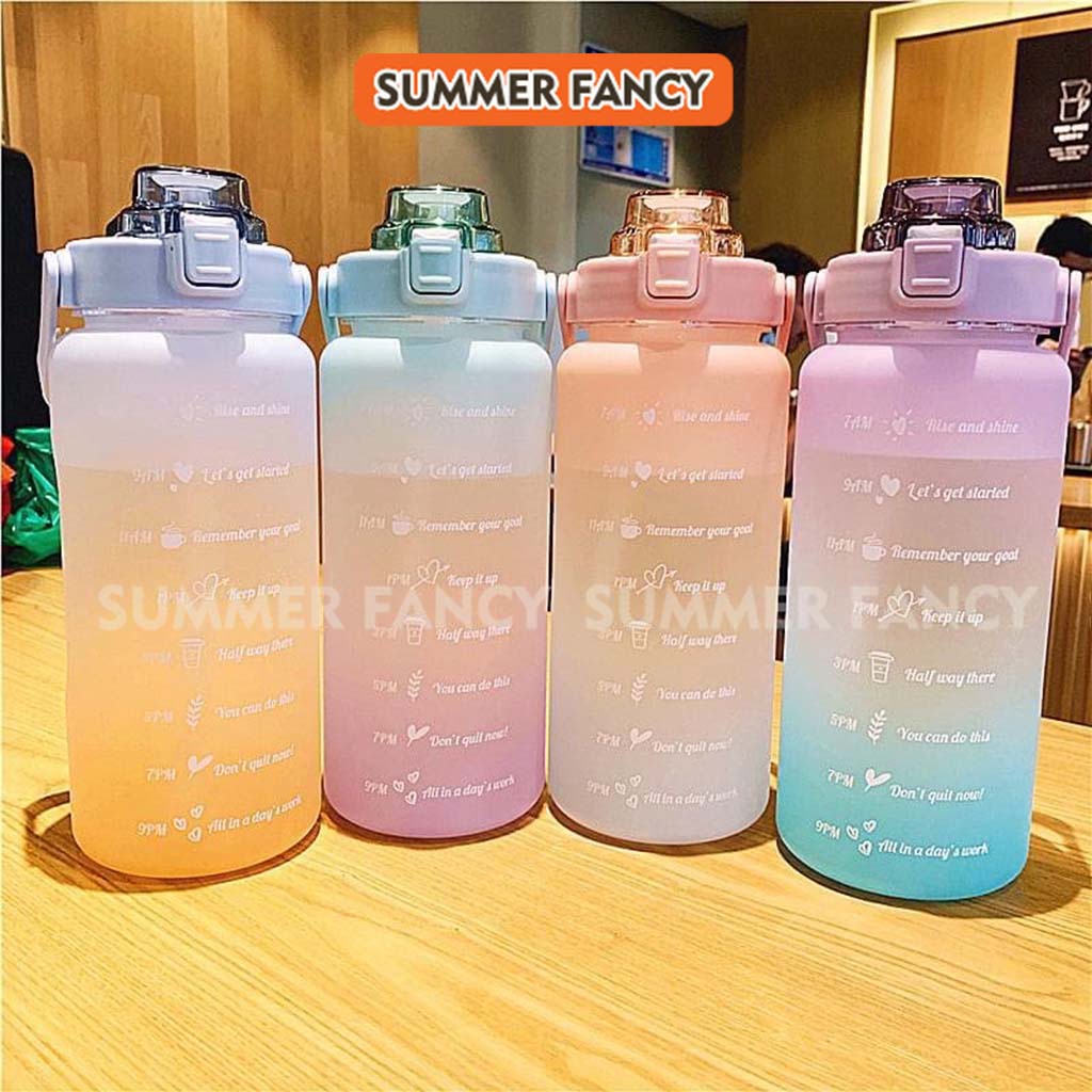 Bình Đựng Nước 2L Cute Có Ống Hút Vạch Báo Giờ Uống Nước  + Tặng sticker