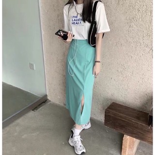 Set chân váy áo thun mùa hè chất mát - Áo phông kết hợp chân váy cạp cao tôn dáng -Chân váy xẻ tà một bên xanh ngọc