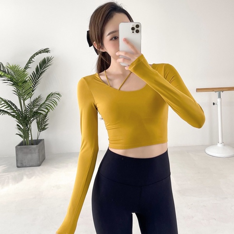 Áo croptop thể thao tay dài chất liệu thấm hút khô thoáng nhanh chóng