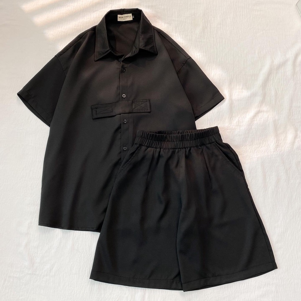 Set Đồ Bộ Nữ GA Form Rộng Áo Sơ Mi Tay Ngắn Và Quần Short Ống Rộng Lưng Cao Màu Sắc Vintage Phong Cách Ulzzang