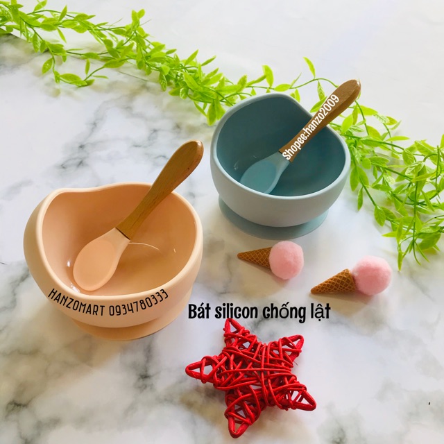 Bát silicon chống đổ chống lật cao cấp kèm thìa