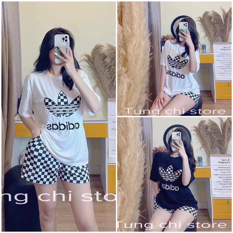 Set bộ tay lửng logo 3 lá kèm quần in caro siêu kín Bigsize