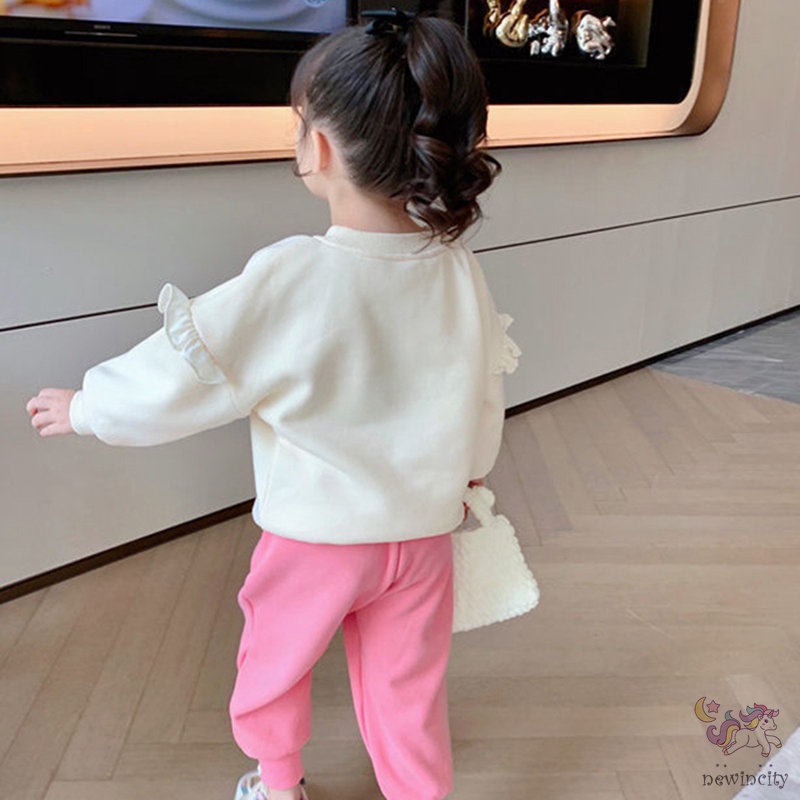 Áo sweater tay dài phối bèo đính ngọc trai giả thời trang Hàn Quốc đáng yêu cho bé gái