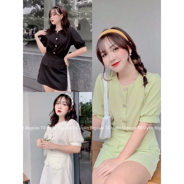 (T.U Bigsize 50-80kg) Set Xốp Hạt Áo Khuy Ngọc To + Chân Váy A Có Lót Phong Cách Vintage #90