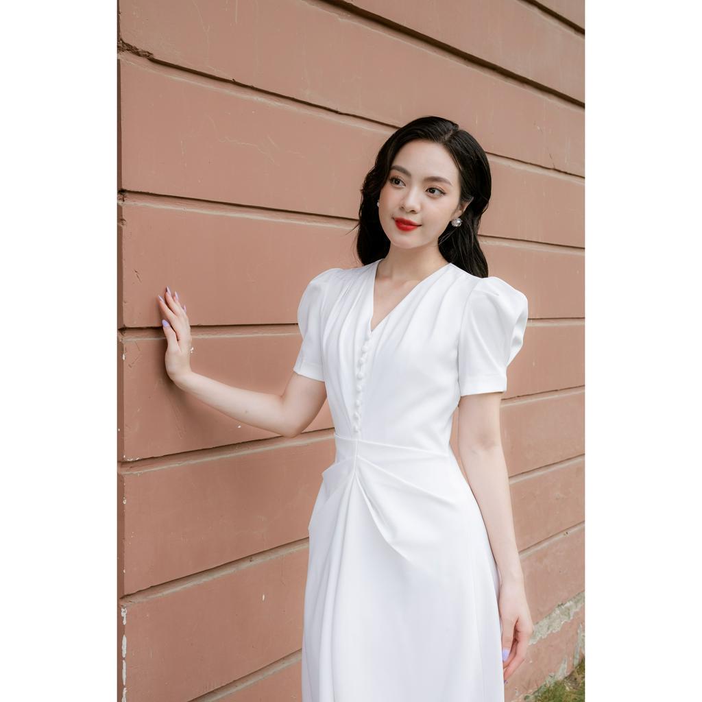 Váy cộc tay nhún eo trước-Trắng_LALYA_D531