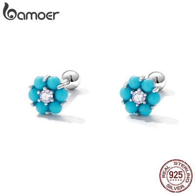 BAMOER Bông Tai Bạc 925 Hình Hoa Màu Ngọc Lam Thời Trang Cho Nữ bse601