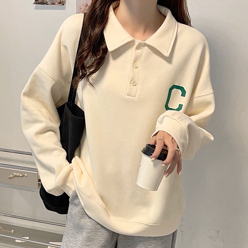 SUXI Áo sweater tay dài dáng rộng cổ bẻ phong cách Hàn Quốc trẻ trung năng động cho nữ